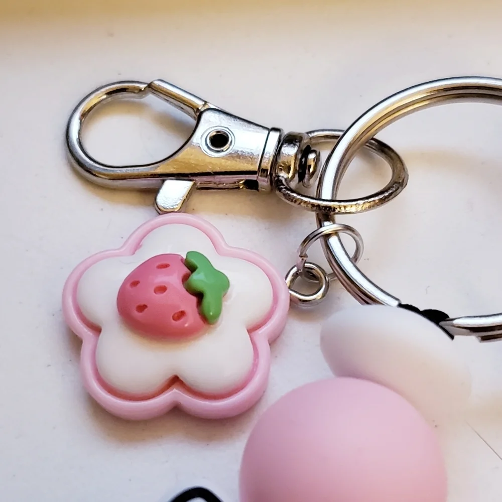 Handmade Kawaii Black Pink White Strawberry Flower Hello Kitty Keychain